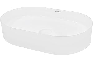 ECD Germany Lavabo Cerámico Ovalado con Agujero Conexión Estandar - Blanco - Lavamanos sobre Encimera - 605 x 380 x 125 mm - Diseño Moderno - Fregadero sin Juego de Desagüe - Realza Cada Baño o Aseo