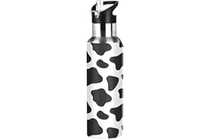 MNSRUU Mnrsuu Wasserflasche aus Edelstahl mit Kuhmuster, vakuumisoliert, Standard-Mundflasche mit breitem Griff, Schwarz und Weiß