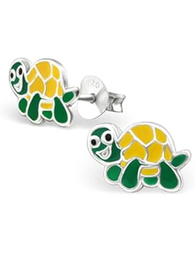 Kinder-Ohrringe aus Sterling-Silber 925/000rhodiniert und Epoxidharz–Schildkröte–grün gelb