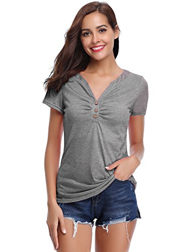 Abollria Women's V Neck Button T-Shirt Short Sleeve Pleated Casual Tee Shirt Tops