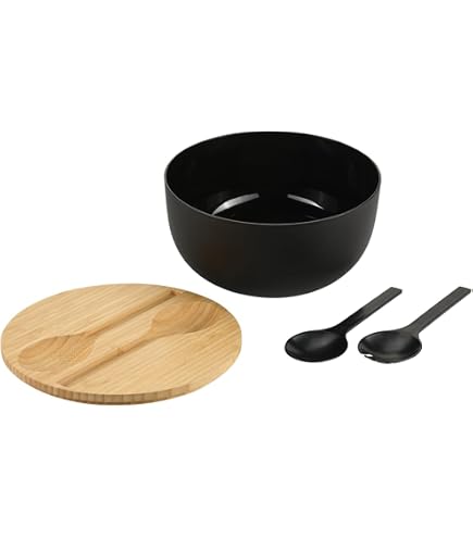 Bol à Fruits Et Salade KESPER Avec Couverts En Bambou - 26 Cm X 11 Cm, Noir/Marron - 92524