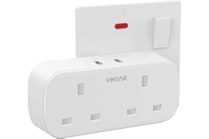VINTAR Double Plug Adaptor with 2 USB, 2 Way Plugs Extension Multi Sockets Wall Charger Adapter, 13A UK 3 Pin Power Socket for Bedroom, Office, Kitchen, White,1 pack