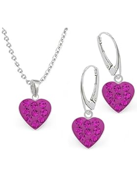 GH1a Kristall Herz ANHÄNGER + KETTE + OHRRINGE 925 Echt Silber Mädchen Kinder SET Ohrhänger Ohrstecker