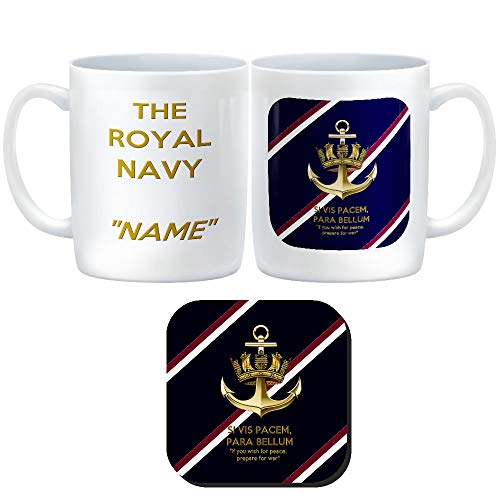 The Royal Navy Personalised Ceramic Mug and Drinks Coaster with a picture of a Crown & Anchor Badge on RN Tie colours, with motto Si vis pacem, para bellum "If you wish for peace, prepare for war"
