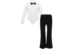 inlzdz Completo da Ballo Bambino Bambina Body Elegante Slim Fit Manica Lunga Camicie Pantaloncini Valzer Tango Cravatta Abbigliamento Danza Classica Latino Samba Rumba