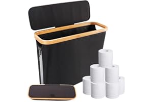 BLYEMICHDI Kosz do przechowywania papieru toaletowego 28 l, z pokrywką, do przechowywania 9-12 rolek papieru toaletowego, stojący bambus, organizer łazienkowy, idealny do wąskich pomieszczeń (czarny)
