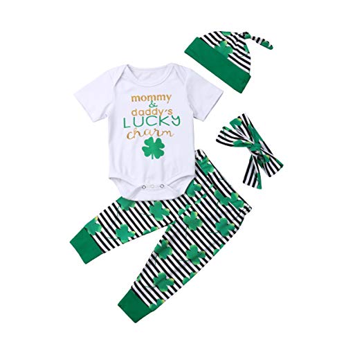 My 1ST St.Patrick's Day Baby Boys Girls Letter Print Rompers+Four-Leaf Clover Stripe Trousers+Hat and Headband 4 Pcs Clothes