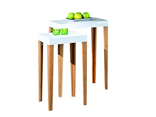 Set 2 Tavolini Hator In Bambù Con Ripiano Bianco - Grande E Piccolo, Sovrapponibili, Design Scandinavo, 3 Piedi