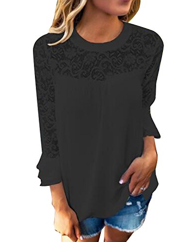 Women Lace Top Round Neck Flare Long Sleeve Solid Casual Loose Chiffon Blouse Tunic Shirt