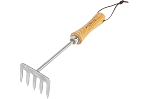 Berry&Bird Stainless Steel Straight-Handle Hand Cultivator, 5-Tine Hand Tiller with Ergonomic Wooden Handle and Leather Loop, Metal Garden Small Rake for Digging, Aerating, Weeding and Soil Loosening