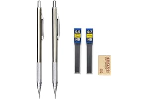 MROOFUL Set di matite meccaniche da 0,3 0,5 0,7 0,9 1,3 2,0 mm, interamente in metallo, per disegno artistico, pittura, matite automatiche, con mine per ufficio e scuola (matita da 0,5 mm e 0,7 mm)