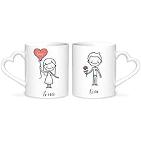Tassen mit Namen, 2er Tassen-Set, Romantische Tassen mit Herzhenkel und Aufdruck - Personalisiert - Kaffeebecher aus Keramik