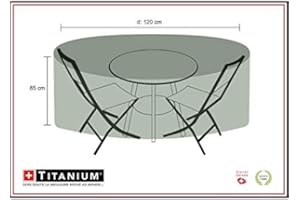 Chalet-Jardin Housse DE Protection INDECHIRABLE Titanium® Table Ronde + CHAISES - 90g/m² - Noir - 120x120x85cm