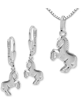 CLEVER SCHMUCK-SET Silberne Ohrhänger Pferd springend 12 mm, passender Anhänger und Kette Venezia 40 cm STERLING...