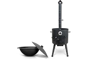 ‎ZARENHOFF Utschak Feuerofen mit Thermometer Gusseisen Topf Kazan runder Boden mit Deckel (12 L) KazanoFF, Учаг, Outdoor, Feuerschale, Camping, Kasan, Gulaschkanone Dutch Oven (Set 1)
