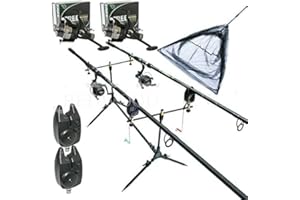 REDWOODTACKLE OAKWOOD Complete Carp Fishing Rod Pod with 2 x 12ft Rods, 2 x 3BB Bait Runner Reels with line, 2 x Bite Alarms and 42" Net and Handle