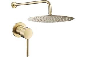 VALAZ Ducha Empotrada Dorado Cepillado Protección PVD | Ducha Monomando 1 Vía, Rociador Efecto Lluvia | Instalación en Pared Fácil y Rápida | Inoxidable, Redonda, Rociador 20 cm, Serie Guadiana