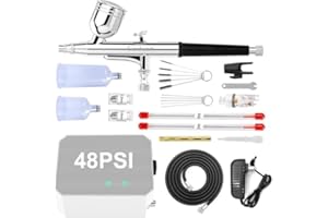 Omeyo Airbrush Kit with Air Compressor, 40 PSI High Pressure Air Brush Non-Clogging with 0.2/0.3/0.5mm Nozzle/Cleaning Sets, Ideal for Painting, Modeling, Cake Decor,Makeup, Nail Art (White, 48 PSI)