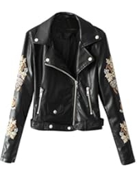 Moda Cazadora Cuero Mujer Flor Bordado Pu Chaqueta Mangas Largas Punk Estilo Otoño Y Invierno