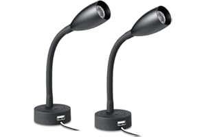 Obeaming 2 x Lámpara de Lectura LED DC 12V, Luz de Lectura Junto a la Cama, 24V Luz Nocturna de Pared Regulable Flexible Cuello de Cisne, para Autocaravana Furgo Barco, Equipado Cargador USB&Regulador