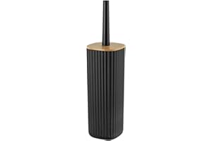 WENKO Set para inodoro Rotello, escobillero cerrado de plástico de calidad óptima con tapa de bambú y estructura acanalada, Ø 10 x 36 cm, incluye escobillero, cabezal reemplazable, negro/natural