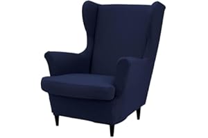 ABZDUNG 2 Pieces Stretch Wingback Chair Slipcover, Solid Color 1 Seater Sofa Cover with Cushion Cover, Washable for Reception Bar Living Room Bedroom(Blu Navy)