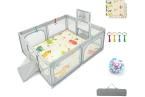 Maxmass Baby Playpen, Infant Activity Center with Pull Rings, Basketball Hoop, Soccer Nets, 50 Ocean Balls and Soft Mat, Toddlers Play Yard for 0-3 Years Old (Light Gray, 187 x 157cm)