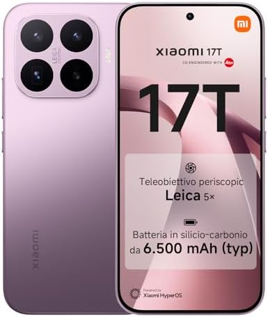 XIAOMI 17T, Smartphone 12+256GB, Display Eye-Care da 6,59" 120Hz, Batteria da 6500mAh (typ), Teleobiettivo Leica 5x, 67W HyperCharge, MediaTek Dimensity 9500, Violet, Garanzia 2 anni+1 anno extra