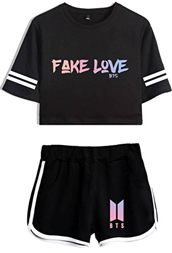 BTS T-Shirt+Short Pant Sets Women Shirts Bangtan Boys Goods Love Yourself Fake Love Summer Crop Top