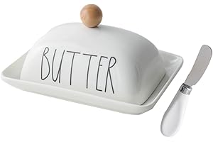 OSKAS Farmhouse Decorative Kitchen Countertop Porcelain Butter & Cream Cheese Dish with Lid,Butter Keeper with Cover for East West Coast Butter,White