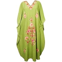 Womens Kimono Kaftan Green Floral Embellished Kashmiri Crewel Caftan 3XL