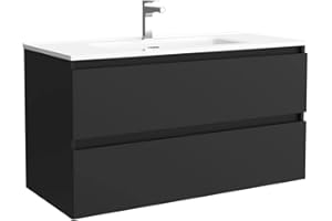 Salgar Mueble de baño Bequia 100 cm 100% montado de fábrica | Acabado Negro Mate suspendido 2 cajones Cierre amortiguado Apertura con uñero | Lavabo Porcelana Blanca | Marca