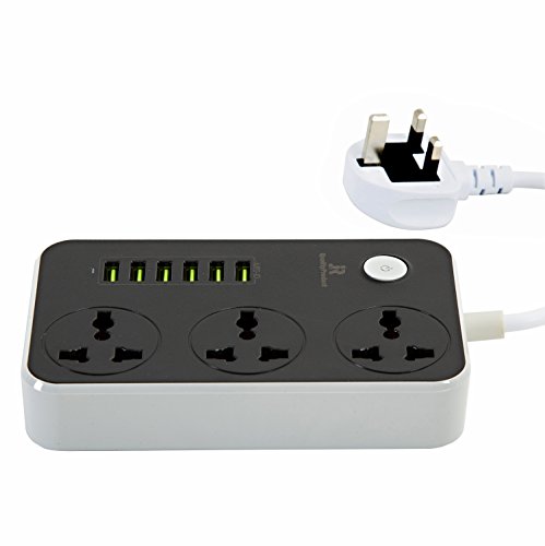 Power Strips Extension lead with 6 USB ports 3 Way Universal Power Socket Outlets (UK EU US AU NZ CN) Surge Protection with 2 metre Extension cord Fitted with a UK Legal 13 amp Fused Plug top