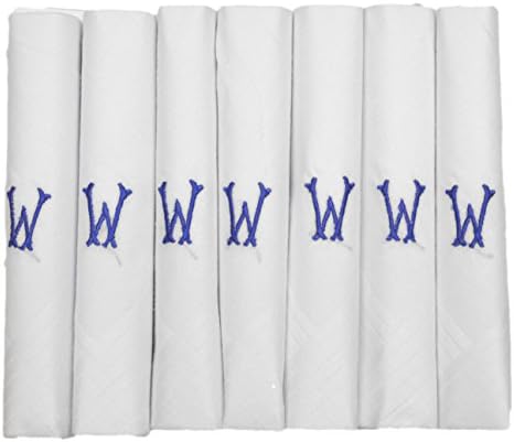 7 Pack Mens/Gentlemens Initial Embroidered White Handkerchiefs With Satin Border, W