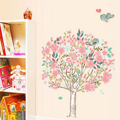 SMARTLEGEND Abnehmbare Wandsticker Wandtattoo Wandaufkleber Größe: 60cm*90cm Wohnzimmer Rosa Blumen Baum Vögel