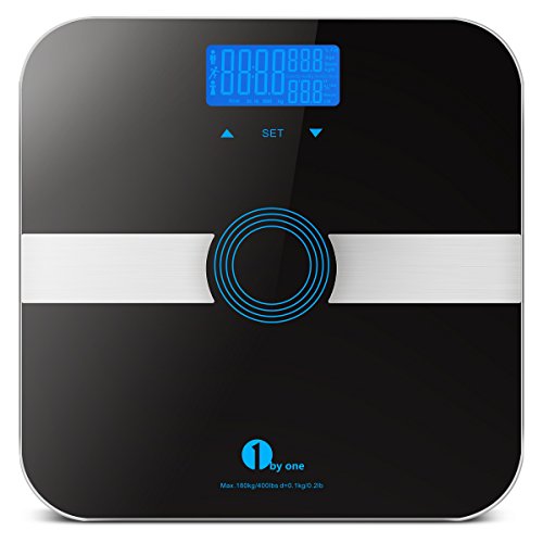 1byone Body Fat Scale with Tempered Glass, 180kg/400lb Weight Capacity, 10 Users Auto Recognition, Measures Weight, Body Fat, Water, Muscle, Calorie and BMI, Black