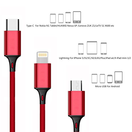 3-in-1 USB Typ-C Ladekabel-Lebenslange Garantie-TUOYA Multi 3-in-1 Lightning & Micro USB Nylon Geflochtenes 2A Ladekabel mit 8 Pin Ligtning / Typ C / Micro USB Stecker für iPhone iPad, Type C und Android Smartphones (2xRot) - 2