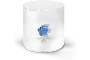 WD Lifestyle - Bicchiere in Vetro Borosilicato 250ml con Soggetto in Vetro Colorato Interno (Pesce Azzurro)