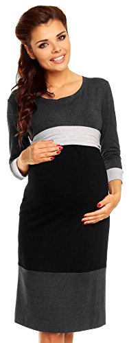 Zeta Ville Women's 3/4 Sleeves Colour Block COTTON Pregnancy Maternity Dress 057 (UK 10/12, Black & Grey)