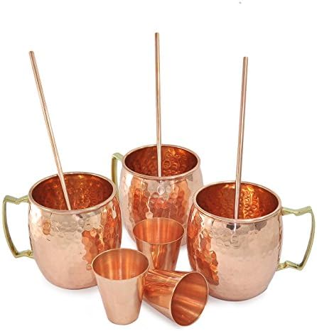 Set of 3, 100% Authentic Copper Mug with FREE Copper Shot Glass And Copper Straw - 16 oz Copper Moscow Mule Mug - Solid Copper Bar, Cocktail &amp; Wine Glasses/Beer Mugs &amp; Steins