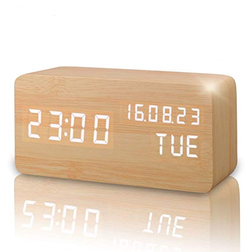 Reloj Digital Despertador Madera de Haya con Control de Sonido y LED Brillo de la Pantalla (Marrón / Recargable)