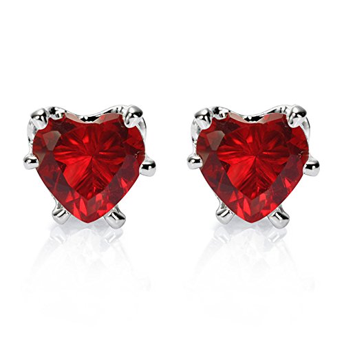 RIZILIA Stud Pendientes Piercing Aretes con Corte de Corazón Piedras Preciosas Circonita CZ [Rubí Rojo] en 18K Chapado en oro blanco, Elegancia Moderna Sencillo