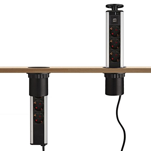 Preisvergleich Produktbild Dazone versenkbare Tischsteckdose,3-Fach Tischsteckdosenleiste mit 2-fach USB 2m Anschlusskabel, für Büro-, Arbeits- und Küchenflächen (Schwarz)