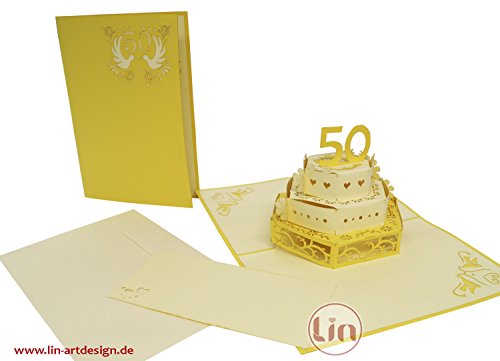 LIN-POP UP Karte Hochzeitskarten, Hochzeitseinladungen, 3D Karte Jahrestag, 3D Karten Grußkarten 50. Hochzeit, 50.Hochzeitjubiliäum Hochzeitsglückwunsch, Torte - 5