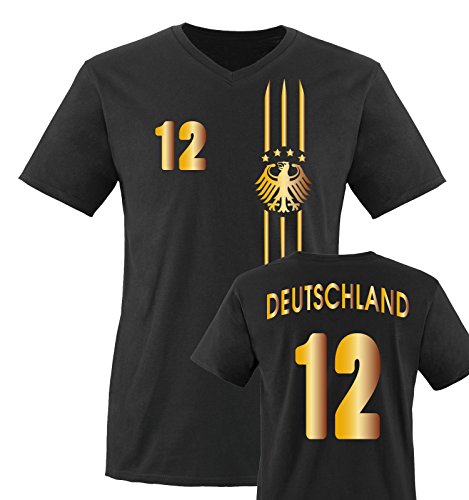 EM 2016 – TRIKOT – MOTIV1 – DEUTSCHLAND – 12 – Herren V-Neck T-Shirt – Schwarz / Gold Gr. XL