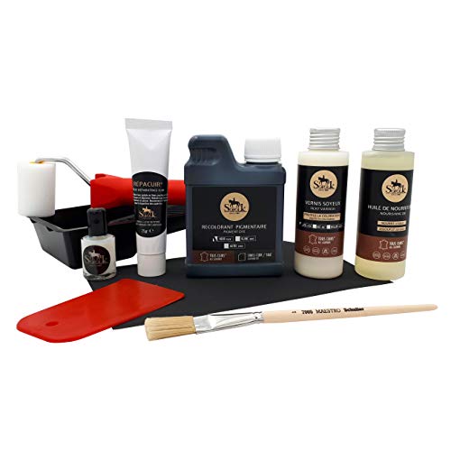 Kit de Rénovation Cuir Noir : Réparation + Peinture Cuir + Vernis + Soin Nourrissant pour siège auto, chaise, sellerie, blouson, veste, chaussure, etc