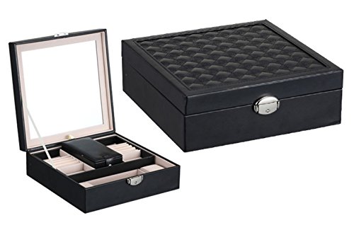 iSuperb® Schmuckkoffer Schmuck Box Organizer Schmuckkasten PU Leder Display Reise Tasche Aufbewahrung für Ringe Ohrringe Halskette Armreif Armbanduhr für Mädchen Damen 25,3 x 25,3 x 8,5 cm( schwarz) - 8