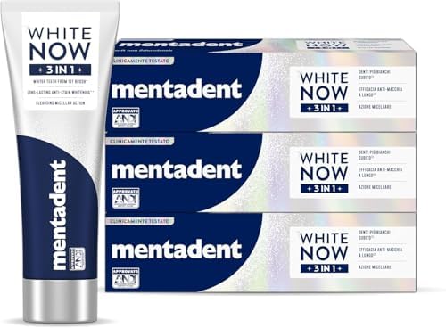 Mentadent WHITE NOW Dentrifricio 3in1 Original, Dentifricio Effetto Sbiancante Rapido 75ml, Tecnologia Triple-Light™, 96% Origine Naturale, Rimozione Macchie, Delicato sullo Smalto, Cofanetto 3 Pezzi