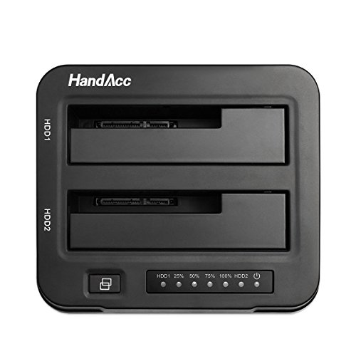 HandAcc USB 3.0 Offline Klon Docking Station mit 2 Einschüben, optimiert für HDD / SSD Festplatte, 2,5″ und 3,5″, 2,5 und 3,5 Zoll (SATA I / II / III), inklusive USB 3.0 Kabel und 12V 4A Netzteil, unterstätzt 2x 6TB - 3