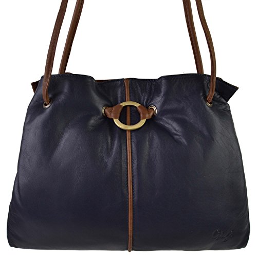 Ladies Soft LEATHER Shoulder HANDBAG GiGi OTHELLO Collection Classic Stylish (Navy/Mid-Brown)